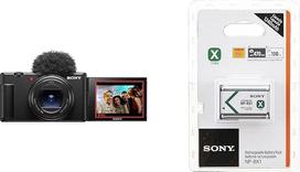 „Sony ZV-1II“ vlogų kamera, skaitmeninis fotoaparatas (plačiakampis zoom objektyvas, reguliuojamas ekranas vlogams kurti, 4K vaizdo įrašai, daugiakryptis mikrofonas) + papildoma baterija