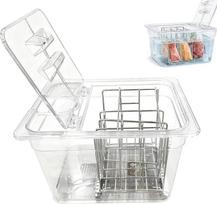„Sous Vide“ indas, 11 l, patobulinta versija su atverčiamu dangčiu ir nerūdijančio plieno grotelėmis, 32,5 x 26,5 x 20 cm, tinkamas daugumai „Sous Vide“ viryklių. Daugiafunkcinis skaidrus indas, tinkamas žuvies ir mėsos ruošimui