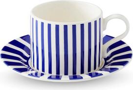 „Spode Steccato“ kolekcijos arbatos puodelių ir lėkščių rinkinys (4 vnt.), pagamintas Anglijoje, keraminiai arbatos puodelių rinkiniai, skirti kapučino, espreso ar arbatai, su kobaltinės mėlynos spalvos juostelėmis, 240 ml