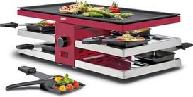 „Spring Fun“ raclette 8 žmonėms, raudonas, elektrinis stalo grilis, aliuminio kepimo plokštė su nelipnia danga, 8 raclette keptuvės ir raclette mentelė, „Stand-Up Life“, 47 x 24 x 15 cm, 1300 W, raclette grilis