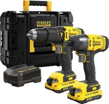 „Stanley Fatmax V20“ akumuliatorių komplektas SFMCK465D2T (18 V, sudėtis: akumuliatorinis plaktuvinis gręžtuvas, akumuliatorinis smūginis veržliaraktis, 2 vnt. 2,0 Ah ličio jonų akumuliatorių, 1 vnt. įkroviklis, 1 vnt. TSTAK dėžutė)