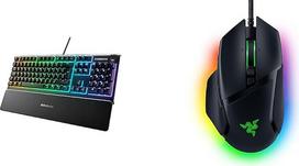 „SteelSeries Apex 3“ žaidimų klaviatūra su 10 zonų RGB apšvietimu ir „Razer Basilisk V3“ laidinė, individualiai pritaikoma žaidimų pelė