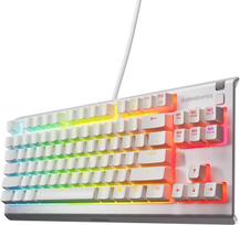 „SteelSeries Apex 3 TKL“ balta RGB žaidimų klaviatūra – kompaktiškas modelis be skaitmenų klavišų – 8 zonų RGB apšvietimas – atsparumas vandeniui ir dulkėms – ypač tylūs žaidimų jungikliai – DE išdėstymas QWERTZ