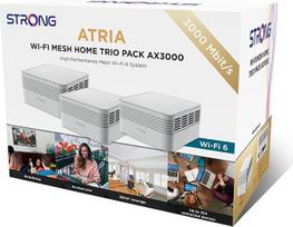 „STRONG ATRIA AX3000“ „Mesh“ Wi-Fi sistema visam namui, „Wi-Fi 6“ standartai, greitis iki 3000Mbps, aprėpia iki 300 m², sklandus perėjimas tarp tinklų, paprastas nustatymas (3 vnt. rinkinys)
