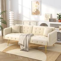 „SUKY“ – dvivietė daugiafunkcinė sofa-lova su miego funkcija, reguliuojamu atlošu ir daugiafunkciniais porankiais. Šiuolaikiška išskleidžiama sofa-lova, skirta svetainei, su velūro apmušalu, 178 x 82 x 70 cm (smėlio spalvos)