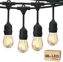 „Svater“ LED girliandos lauke S14, 15 m, atsparios vandeniui (IP65), su 15 + 1 E27 tipo 150 lm, 2 W LED lemputėmis, 2700 K šiltos baltos spalvos, skirtos sodui, terasai ir vestuvėms