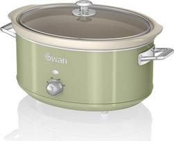 „Swan Retro“ SF17031GNEU lėto virimo puodas, 6,5 l talpos, su išimamu virimo indeliu, be PFOA ir PTFE, keraminis nelipnus indas, 3 temperatūros lygiai, stiklinis dangtis, klasikinis dizainas, žalia spalva, 320 W