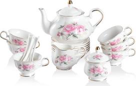 „Sweejar Home“ 21 dalių porcelianinis arbatos servizas, dovana su vintage stiliaus gėlių motyvais, suaugusiems skirtas arbatos servizas su arbatinuku, cukrinuke, pieno ąsotėliu ir šaukšteliais, skirtas arbatai ir kavai, tinka vakarėliams (rožinės gėlės)