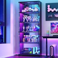 „TAGELIER“ 175 cm stiklinė vitrina su RGB apšvietimu ir stiklinėmis durimis, juoda | 5 reguliuojamų lygių lentynos, užrakinama, medinis rėmas, ekspozicijai skirta