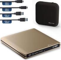 „techPulse120“ išorinis USB 3.1 „Blu-ray“, DVD, CD, USB-C, UHD 4K, 3D, M-DISC, BDXL, HDR10, 128GB diskų įrašymo įrenginys „Superdrive BD Imperator“ pakuotė, maišelis, 90 cm jungiamasis kabelis, aliuminis, auksinis