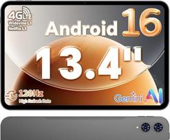 „TECLAST“ planšetinis kompiuteris su 13,4 colių 120 Hz ekranu, „Android 16“, žaidimų planšetė T65 | 4G LTE, dvi SIM kortelės, 26GB RAM + 128GB ROM (4 TB TF), „Widevine L1“, 13 MP kamera, GPS, „Gemini AI“ planšetiniai kompiuteriai su USB-C prievadu, skir