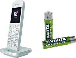 „Telekom Speedphone 12“ fiksuotojo ryšio telefonas, baltos spalvos, skirtas naudoti su šiuolaikiniais maršrutizatoriais, turinčiais integruotą DECT-CAT-iq sąsają, 5 cm spalvotą ekraną ir „Varta“ įkraunamą telefono bateriją, AAA tipo mikro NI-MH bateriją