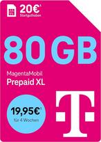„Telekom MagentaMobil Prepaid XL“ su 80GB didelės spartos duomenų paketu | „5G/LTE Max“ ir „Allnet Flat“ visose Vokietijos tinkluose | Galimybė toliau naudoti nepanaudotus duomenis | ES tarptinklinio ryšio ir „Hotspot Flat“ paslaugos | 20 EUR pradinis kr