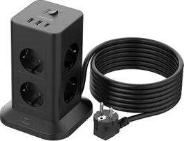 „TESSAN“ 8-vietė daugiafunkcinė rozetė su USB-C jungtimi, 5 m ilgio prailginimo laidas, juodos spalvos