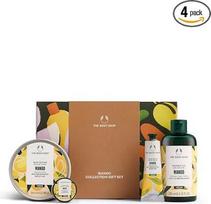 „The Body Shop“ mangų kolekcijos Kalėdų dovanų rinkinys (dušo gelis 250 ml + kūno sviestas 200 ml + lūpų sviestas 10 ml + rankų kremas 30 ml), „Tropical Mango Seed Oil“ kolekcija, vaisių aromato kūno priežiūros priemonės, suteikiančios švelnumą