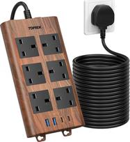„TOPREK“ medžio tekstūros 6 lizdų prailginimo laidas su USB lizdais, apsauga nuo viršįtampių, 2 USB-A, 2 USB-C ir 1 jungikliu, 13 A/3250 W, rudas 10 m prailginimo laidas, skirtas namams, biurui ir virtuvei