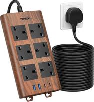 „TOPREK“ medžio tekstūros 6 lizdų prailginimo laidas su USB lizdais, apsauga nuo viršįtampio, 2 USB-A, 2 USB-C ir 1 jungiklis, 13 A/3250 W, rudos spalvos 5 m prailginimo laidas, skirtas namų biurui ir virtuvei