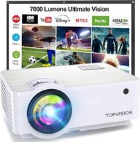 „TOPVISION“ mini projektorius, 7000 liumenų, 720P namų kino projektorius, palaiko 1080P „Full HD“ raišką, 240 colių ekranas, 60 000 valandų LED lemputė, baltos spalvos, HDMI/USB/SD/AV/VGA