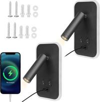 „Towwoo“ skaitymo lempa, montuojama ant sienos, su USB jungtimi, 3 W + 9 W, 3000 K, šiltos baltos spalvos LED miegamojo lempa, reguliuojamas prožektorius, vidaus sieninis šviestuvas miegamajam su jungikliu, skirtas miegamiesiems ir viešbučiams, juodos spa