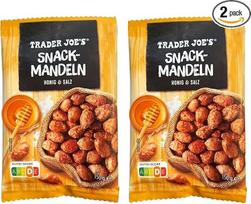 „Trader Joe's“ užkandžiai – migdolai su medumi ir druska, 2 x 150 g / bendras kiekis 300 g – skrudinti karamelizuoti migdolai su medumi ir druska, saldžiai-druskus riešutų užkandis ir pakuotė, skirta laikyti