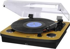 „Trevi TT 1022 BT“ belaidis stereofoninis patefonas su mediniu dėklu, vinilo patefonas, palaikantis 33, 45 ir 78 apsisukimų per minutę greičius, „Aux-in“ ir belaidžio ryšio funkcijos, RCA garso išėjimas, su 2 vnt. 3 W galios stereofoniniais garsiakalbiais