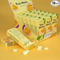 „True Mints“ – 18 vnt. pakuotė | Pasifloros vaisiai | Daržovių ir be cukraus pastilės, 18 x 13 g, 234 g