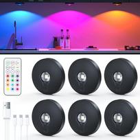 „TRUMPETS“ RGB LED taškiniai šviestuvai su baterijomis ir magnetiniais tvirtinimais bei nuotolinio valdymo pultu, juodi, 6 vnt. rinkinys | Įkraunami per USB-C, belaidžiai, su laikmačio ir atminties funkcijomis, skirti vitrinų ir spintelių apšvietimui