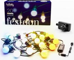 „Twinkly Festoon“ – 20 baltų LED girliandų su 20 LED lemputėmis, skirtos apšviesti patalpas ir lauko erdves nuo šiltos baltos iki šaltos baltos spalvos, suderinamos su „Alexa“ ir „Google Home“, IP44, valdymas per programėlę, juodas laidas, 10 m