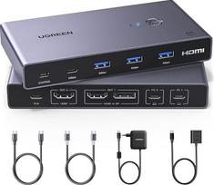 „UGREEN“ USB-C KVM komutatorius, skirtas 2 kompiuteriams ir 2 monitoriams, 4K @ 60 Hz, USB-C komutatorius su 2 įvestimis ir 2 išvestimis bei 4 USB 3.0 prievadais, 2 nešiojamieji kompiuteriai dalijasi dviem monitoriais, klaviatūra, pele, kietuoju disku, sp