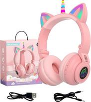 „Unicorn“ „Bluetooth“ ausinės, belaidės ausinės su ausų apvadu, LED apšvietimu, stereo garsu ir mikrofonu. (Rožinės spalvos)