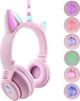 „Unicorn“ „Bluetooth“ ausinės, belaidės ausinės su ausų apvadu, LED apšvietimu, stereo garsu ir mikrofonu. (Violetinės)