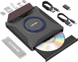 „UNITEK“ išorinis CD/DVD įrenginys su M.2 10Gbps ir SD kortelių skaitytuvu, skirtas nešiojamiesiems kompiuteriams | CD/DVD įrašymo įrenginys su M.2 NVMe, USB-A ir USB-C jungčių šakotuvu, CD-ROM +/–RW, suderinamas su nešiojamaisiais ir stacionariais kompi