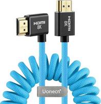 „Uonecn“ HDMI 2.1 8K 60 Hz 48Gbps greitaeigis spiralinis kabelis, skirtas kameroms ir monitoriams, suderinamas su „Atomos Ninja V“, „Portkeys BM5“, „Sony A7IV“, „Z CAM E2/F6“, „BMPCC 4K/6K“, mėlynos spalvos, tiesus su kairiuoju kampu