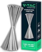 „V-TAC“ nerūdijančio plieno kabelinės juostos, skirtos 4,6 mm x 200 mm dydžio kabeliams – 100 vnt. pakuotė – universalios kabelinės juostos – kabelinės juostos elektrikams, mechanikams, geležiniams vamzdžiams