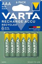 „Varta Recharge Accu“ perdirbta, paruošta naudoti, iš anksto įkrauta baterija | 800 mAh Ni-MH baterija, dydis HR03, 1,2 V, iš anksto įkrauta, be atminties efekto, pagaminta iš 25 % perdirbtų medžiagų, su LED žibintuvėliu