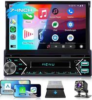 „VECHTEL“ automobilių radijas, 1 DIN, su „CarPlay“ ir „Android Auto“, belaidis, su 7 colių motorizuotu išslystančiu ekranu, radijas su „Bluetooth 5.1“, GPS navigacija, „MirrorLink“, FM, 2 USB/AUX/Type-C jungtimis, atbulinės eigos kamera, valdymas nuo vair