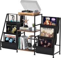 „VEDECASA“ knygų lentynos staliukas su 3 pakopų lentynomis – vinilinių plokštelių laikymo staliukas, skirtas svetainei, su vinilinių plokštelių grotuvu, talpinantis iki 200 albumų