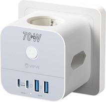 „VEFVE“ kištukinis kubas be laido su 70 W USB-C įkrovikliu ir keliomis lizdų jungtimis