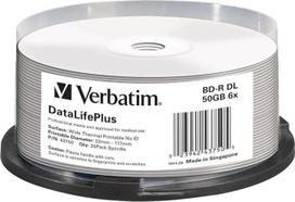„Verbatim“ BD-R „Blu-ray“ diskas, 50GB – baltas paviršius, tinkamas spausdinimui – įrašymo greitis 6x – „DataLifePlus“ – 25 vnt. pakuotė ant špindelio | „DataLifePlus“ profesionalios kokybės CD-R diskai, užtikrinantys patikimą archyvavimą, aukštą įrašymo