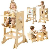 „VEVOR“ mokymosi bokštelis 1–5 metų vaikams, medinis, 6-in-1 mokymosi kėdė | „Montessori“ stalo ir kėdės rinkinys, vaikų pakyla, „Montessori“ mokymosi bokštelis su lentele ir valgymo padėklu, skirtas vonios kambariui ir virtuvės stalviršiui