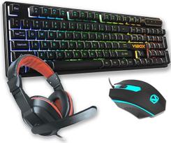 „Vibox Gaming“ 3-in-1 rinkinys V1 | Klaviatūra su LED apšvietimu ir britišku išdėstymu, RGB pelė ir ausinės (juodos)