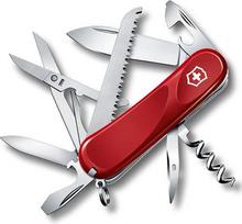 „Victorinox“ šveicarų kariuomenės peilis „Evolution S17“ – daugiafunkcinis šveicarų kariuomenės peilis su 15 funkcijomis, fiksuojamu peilio ašmeniu ir atsuktuvu, raudonos spalvos