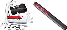 „Victorinox“, „Swiss Tool X Plus Silver“ (38 funkcijų) ir dvigubas peilių galąstuvas, skirtas tiesiems peiliams galąsti, juodos ir raudonos spalvos