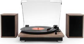 „Victrola Montauk“ rustikinio stiliaus riešutmedžio plokštelių grotuvas su diržine pavara, 3 greičiai, jungiamas prie „Bluetooth“ stereogarsiakalbių, RCA išėjimas, 3,5 mm ausinių lizdas, nuimamas dangtis iš ąžuolo | 3 greičiai- Diržo pavaros patefonas + „