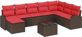 „vidaXL“ sofų komplektas su pagalvėlėmis, 9 vnt., rudos ir raudonos spalvos, iš poliratanio, skirtas sodui ir terasai, modulinė poilsio sofa, tvirtas rotangas, lengvas poilsio krėslas su daiktų laikymo dėže, poilsio komplektas