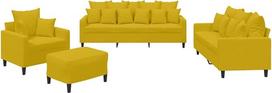 „vidaXL“ sofų komplektas, 4 dalių: fotelis, sofa su pagalvėle, pufas; svetainės sofa su porankiais; sofų komplektas; dizainerio sukurta sofa; sėdimoji baldai; minkštieji baldai; geltonas aksomas