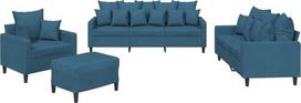 „vidaXL“ sofų komplektas, 4 dalių: fotelis, sofa su pagalvėle, pufas; svetainės sofa su porankiais; sofų komplektas; dizainerio sukurta sofa; sėdimoji baldai; minkštieji baldai; mėlynas aksomas
