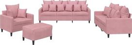 „vidaXL“ sofų komplektas, 4 dalių: fotelis, sofa su pagalvėle, pufas; svetainės sofa su porankiais; sofų komplektas; dizainerio sukurta sofa; sėdimoji baldai; minkštieji baldai; rožinis aksomas