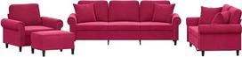 „vidaXL“ sofų komplektas, 4 dalių: fotelis, sofa su pagalvėle, pufas; svetainės sofa su porankiais; sofų komplektas; dizainerio sukurta sofa; sėdimoji baldai; minkštieji baldai; vyno raudonumo aksomas