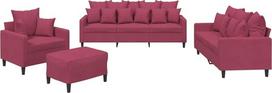 „vidaXL“ sofų komplektas, 4 dalių: fotelis, sofa su pagalvėle, pufas; svetainės sofa su porankiais; sofų komplektas; dizainerio sukurta sofa; sėdimoji baldai; minkštieji baldai; vyno raudonumo aksomas